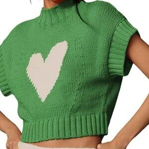 FASHION * GREEN KNIT CROPPED SHORT SLEEVE WHITE HEART SWEATER VEST SIZE: XL NWT